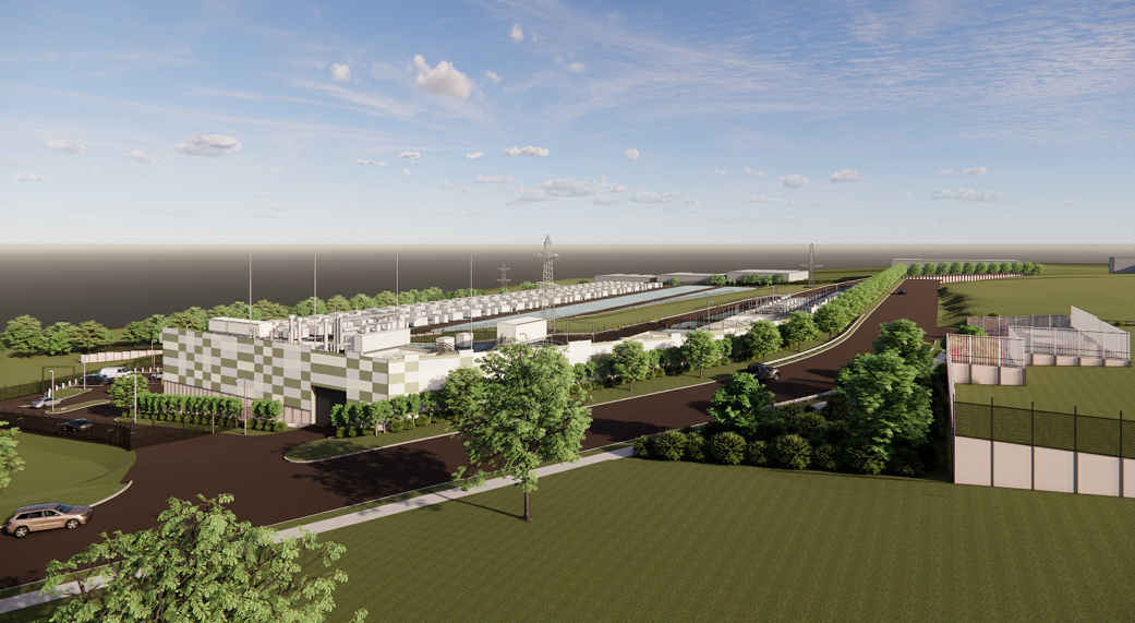 Artist impression of Supernode BESS once completed, including BESS containers and landscaping.