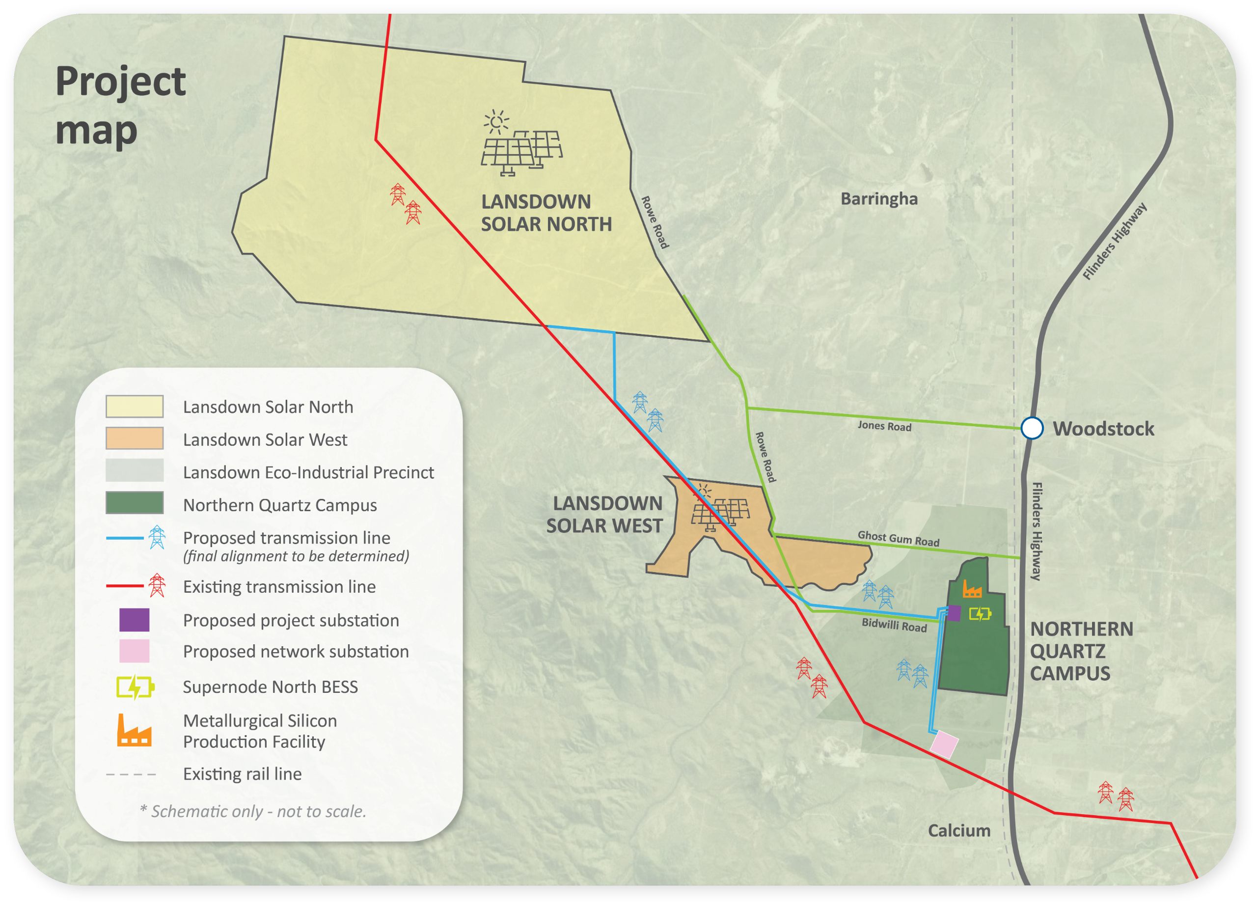 Project map shoes the location of the solar energy projects and Northern Quartz Campus project